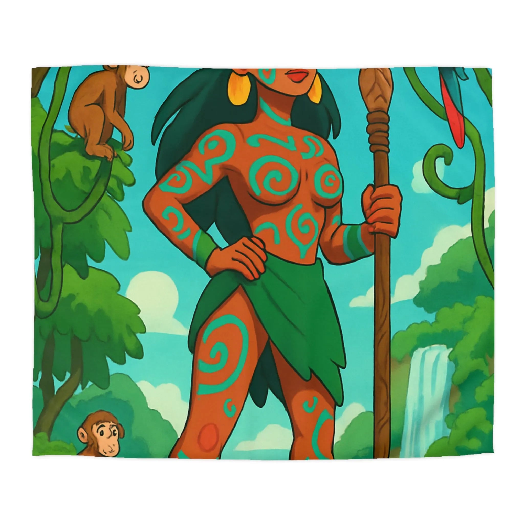 Housse de couette jungle exotique avec guerrière, perroquet et singes colorés vibrants