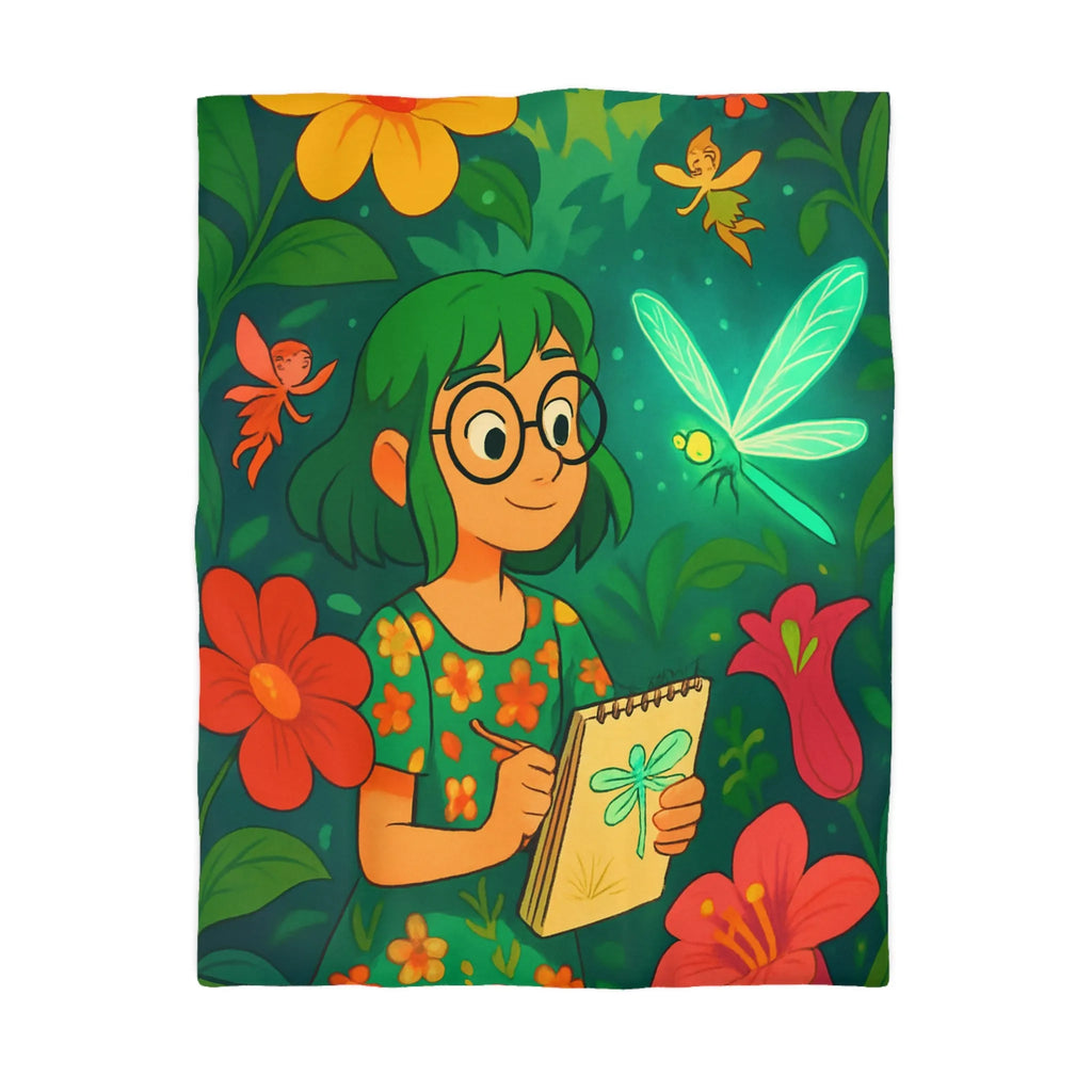 Housse de couette colorée avec fées et libellule dans un jardin enchanteur