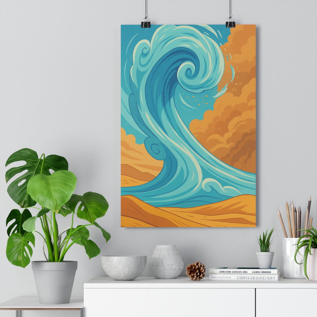 Poster décoratif artistique vague bleue orange vibrant dynamique moderne salon chambre bureau intérieur tableau