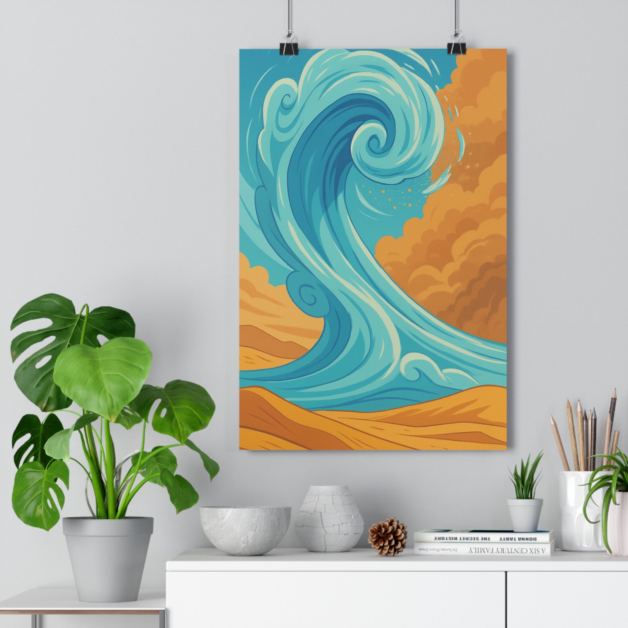 Poster décoratif artistique vague bleue orange vibrant dynamique moderne salon chambre bureau intérieur tableau