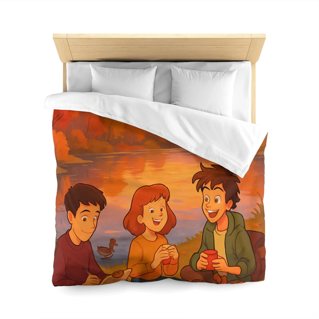 Housse de couette illustrée avec scène automnale de pique-nique au bord d'un lac
