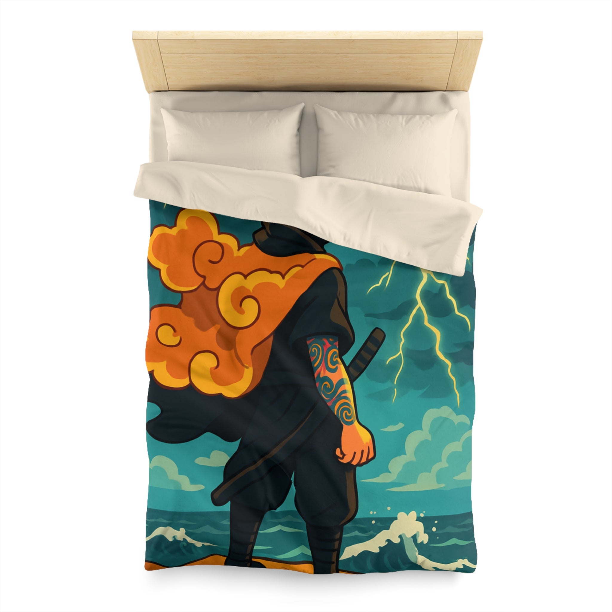 Housse de couette ninja contemplatif sur falaise, orage aux éclairs dramatiques
