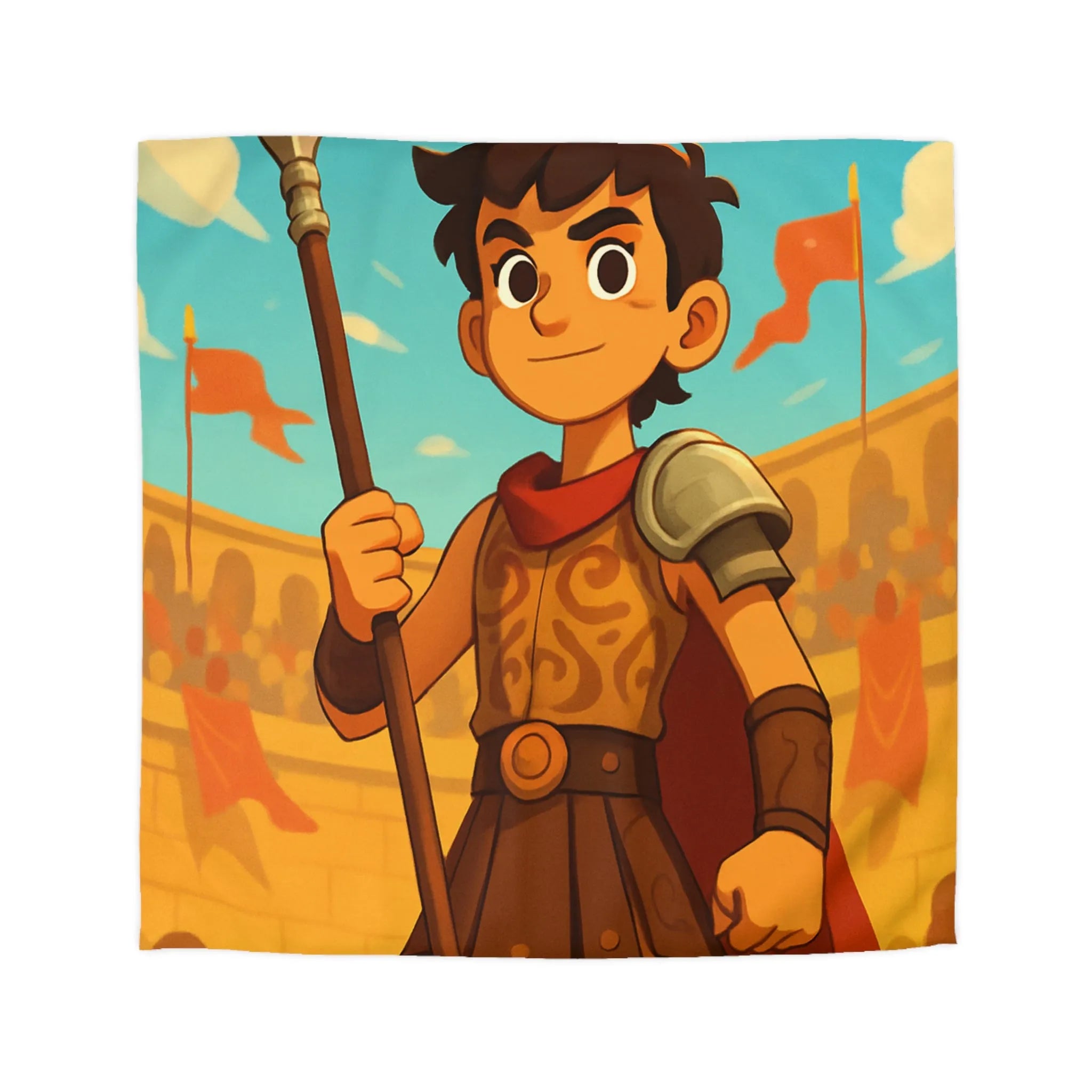 Housse de couette avec jeune guerrier dans une arène antique en journée ensoleillée