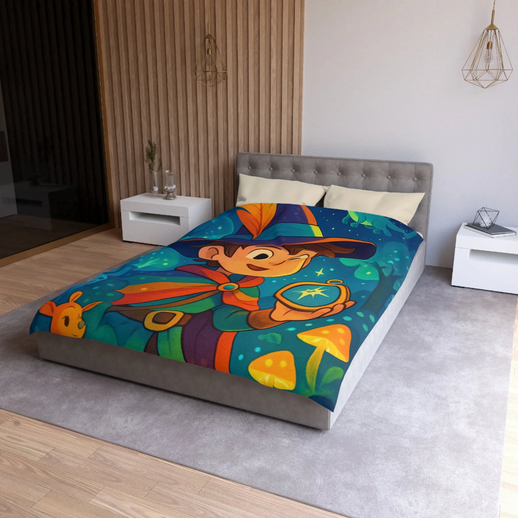 Housse de Couette Enfant Fantasy avec Sorcier et Dragon dans Forêt Enchantée Étoilée