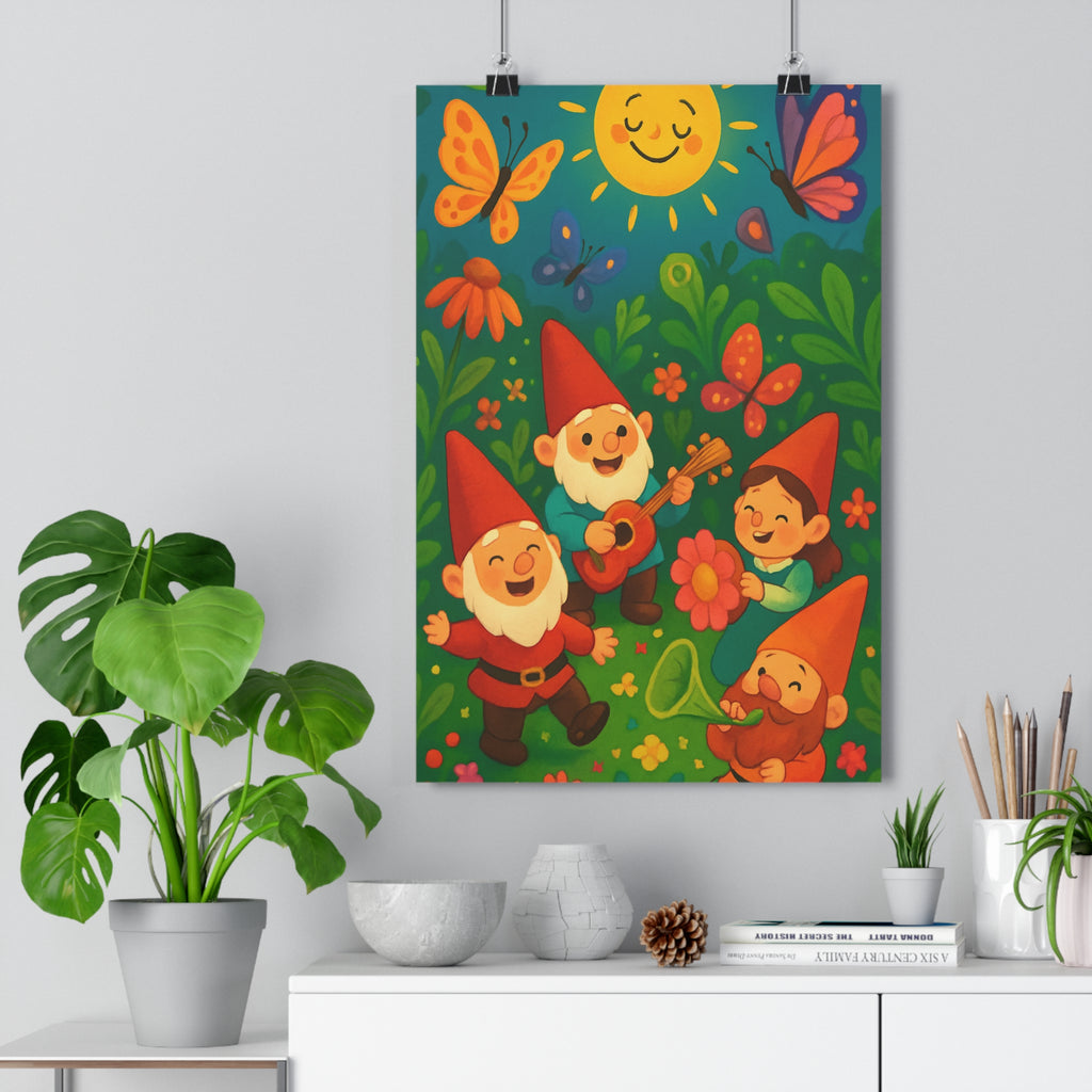 Poster décoratif enchanté vert jaune joyeux cartoon chambre enfant nature gnome papillon soleil vibrant