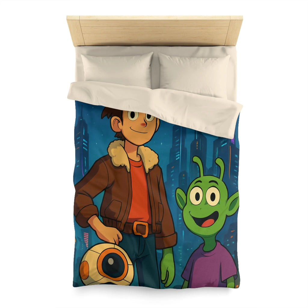 Housse de Couette Colorée avec Enfant et Alien, Aventures dans la Ville Futuriste