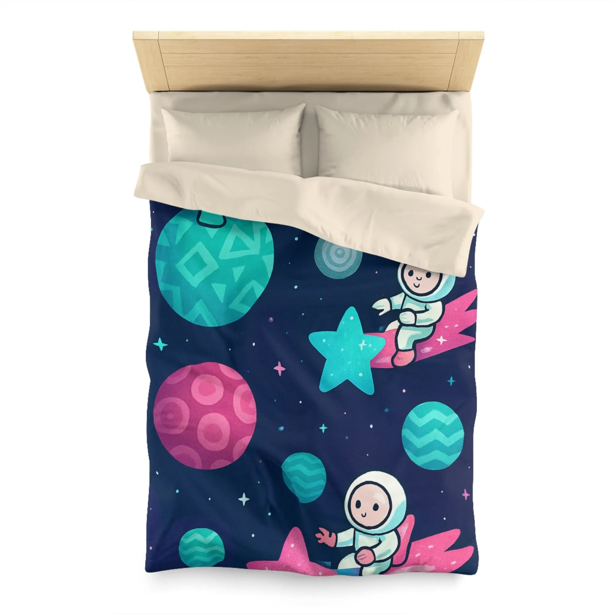 Explorez l'univers magique avec des astronautes joyeux sur fond stellaire pour enfants