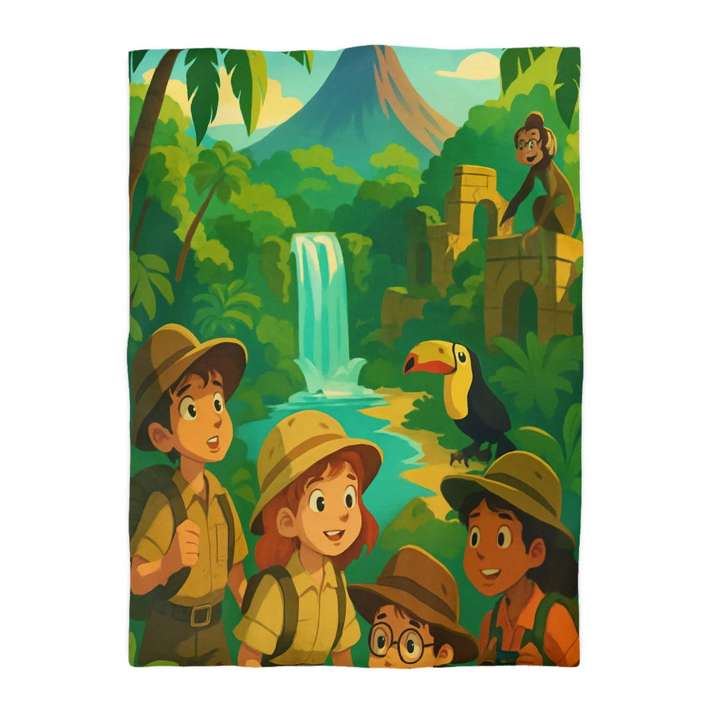 Housse de Couette Jungle Aventure Enfants avec Toucan, Monuments et Cascade Colorés