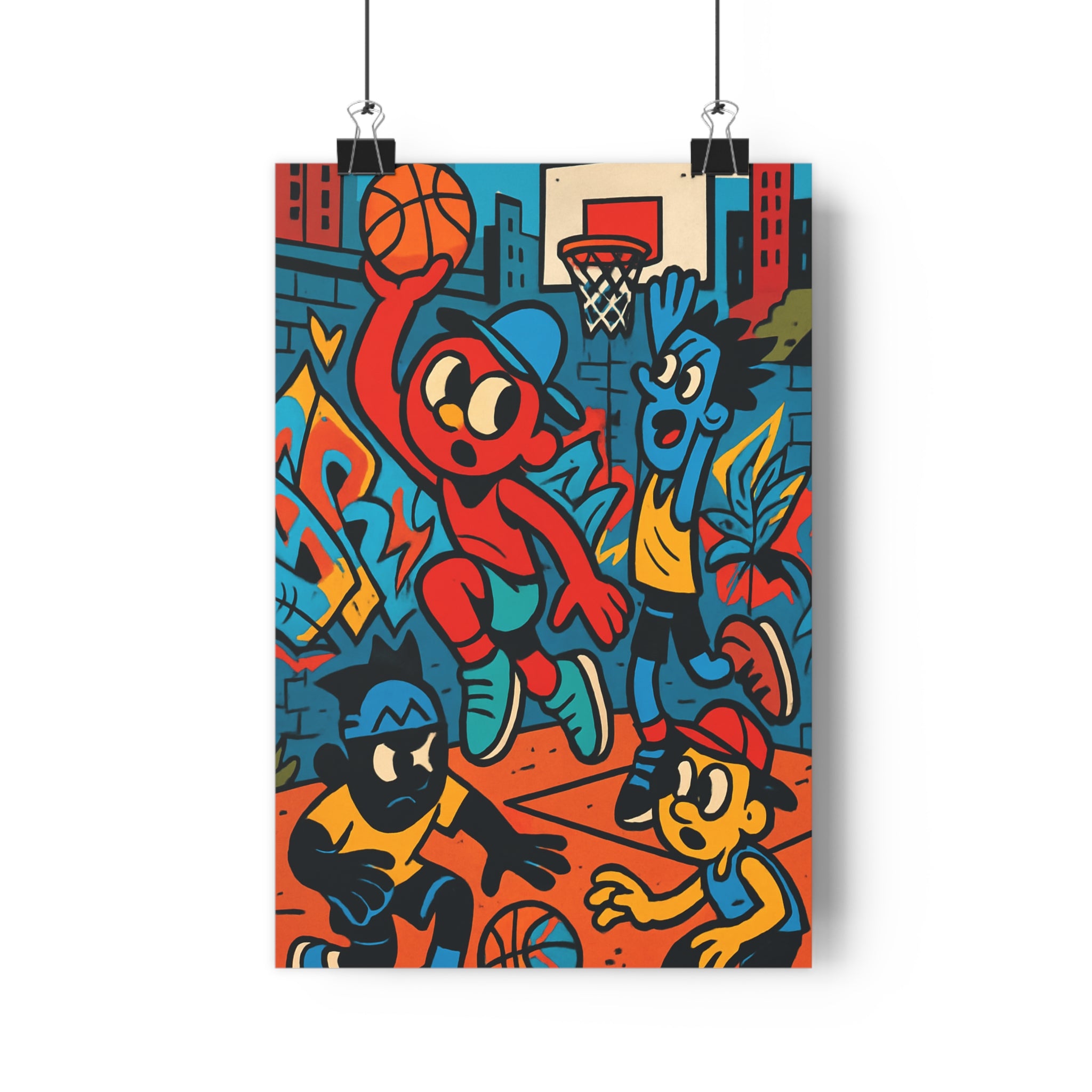 Poster décoratif cartoon basketball rouge bleu jaune urbain graffitis dynamique chambre enfant moderne éclatant