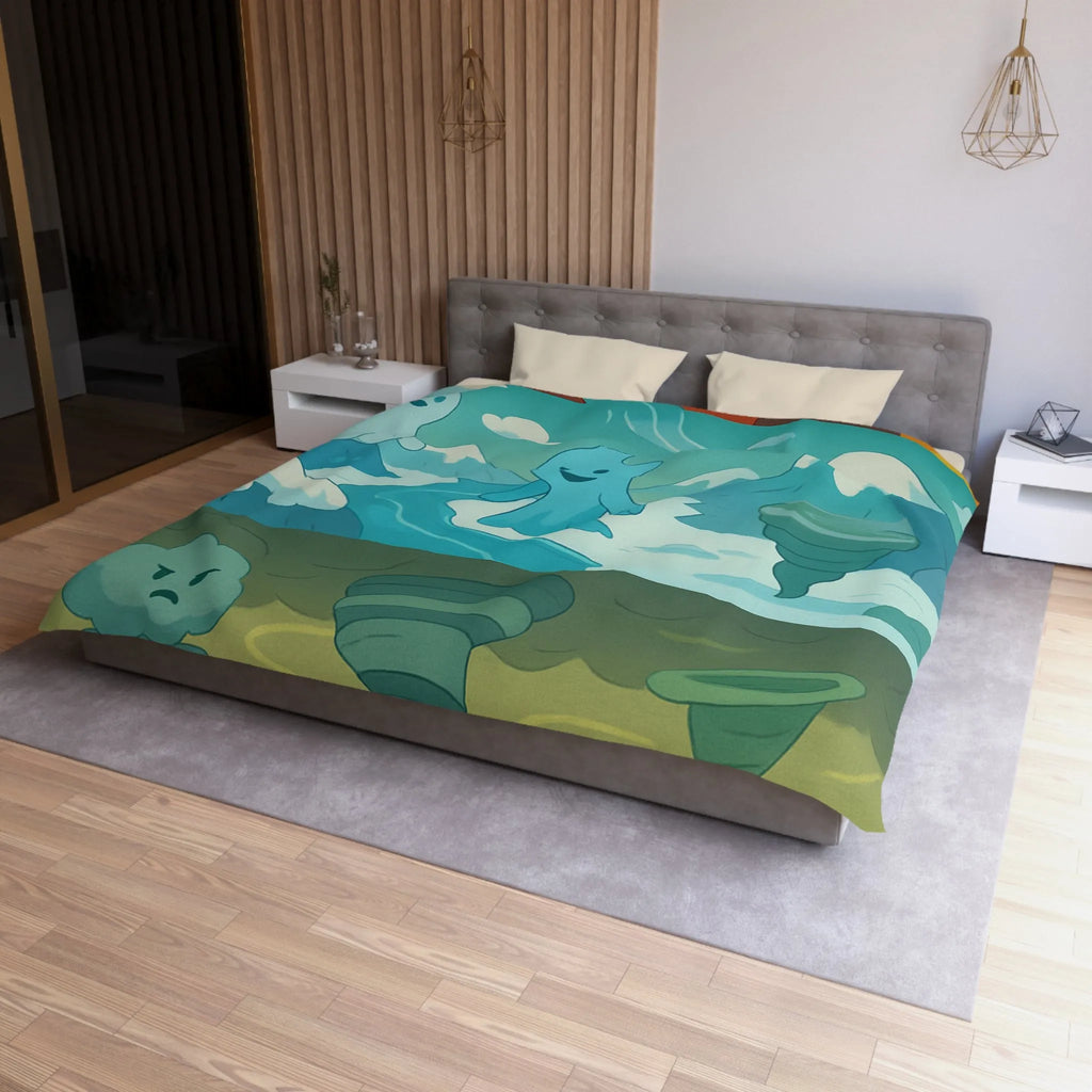 Housse de couette illustrant esprits élémentaires dans des paysages fantastiques vibrants et colorés