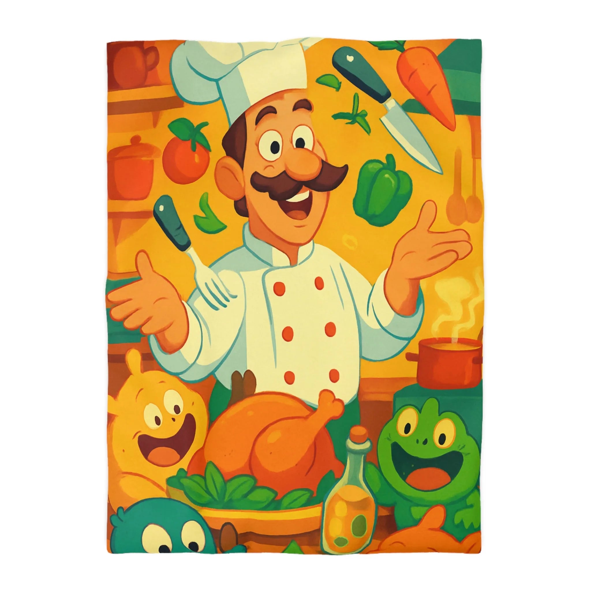 Housse de couette colorée avec chef animé, légumes et ustensiles pour enfants