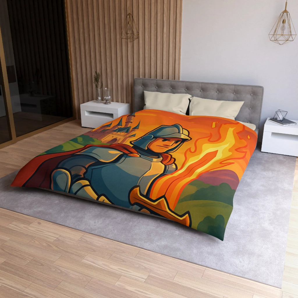 Housse de couette médiévale avec chevalier, épée enflammée et dragons au crépuscule