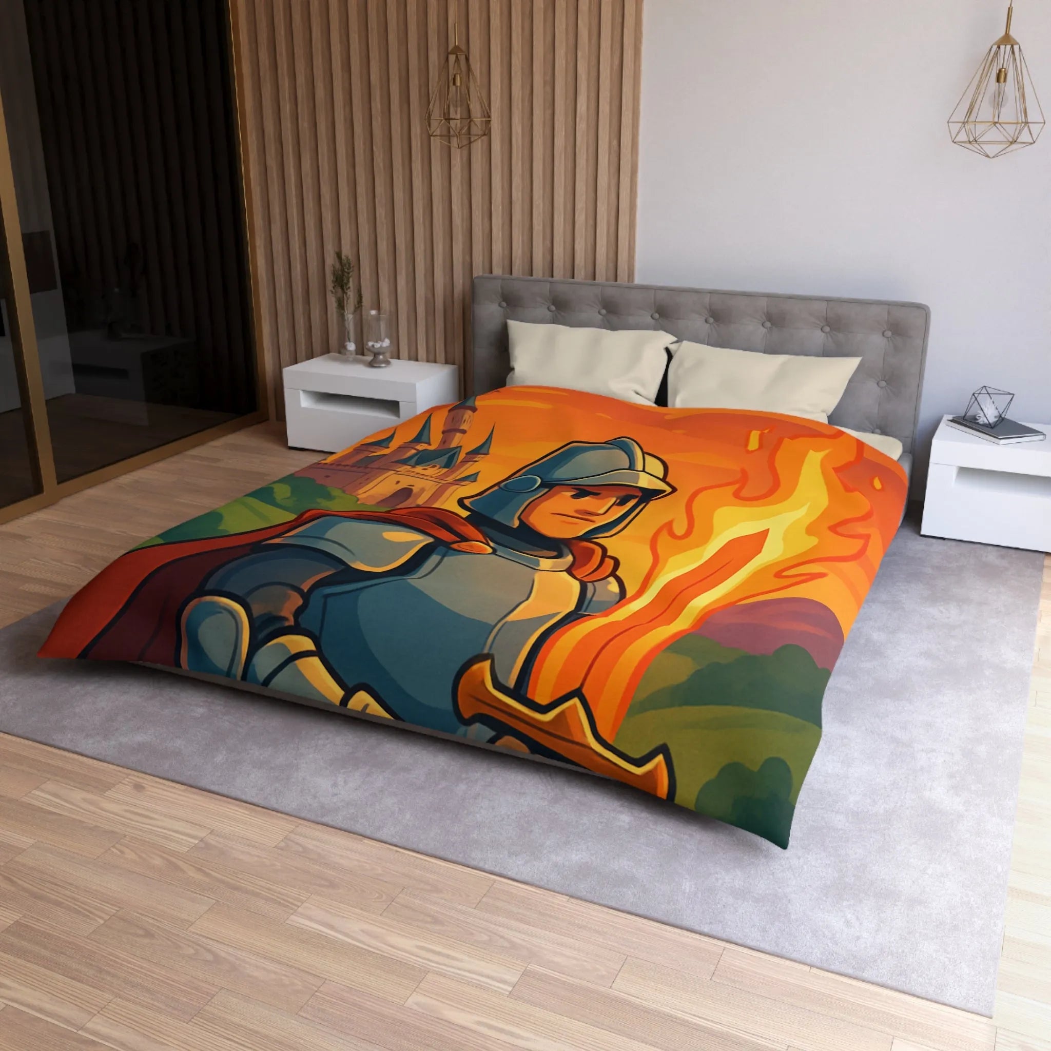 Housse de couette médiévale avec chevalier, épée enflammée et dragons au crépuscule