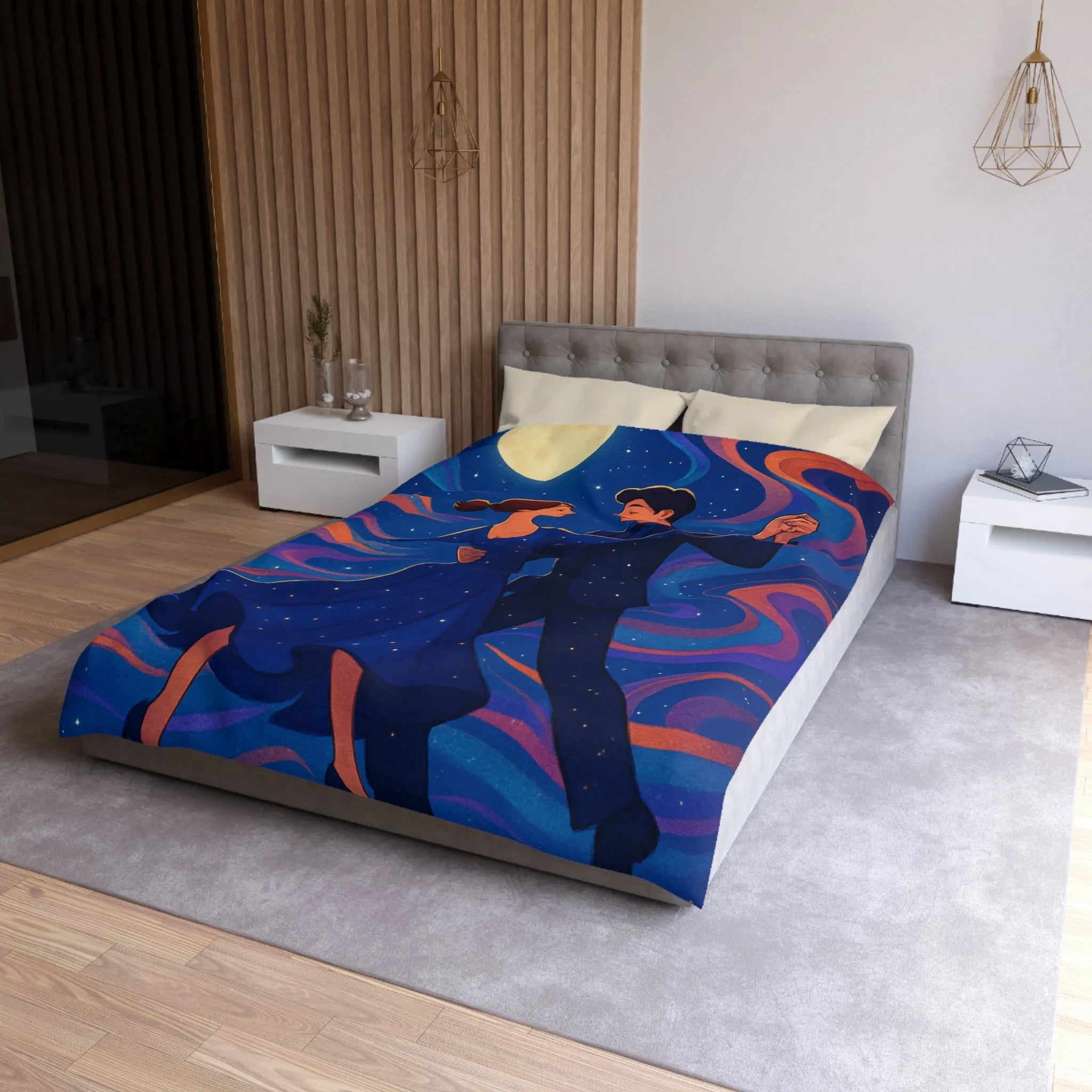 Housse de couette dansante sous la lune avec motif étoilé coloré et romantique