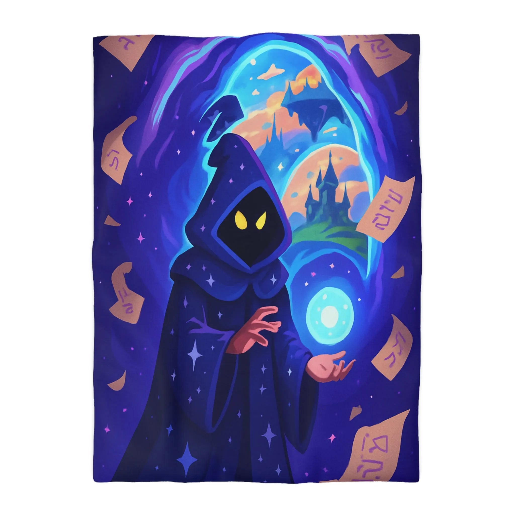 Housse de couette magique bleu nuit avec sorcier et château fantastique étoilé mystérieux