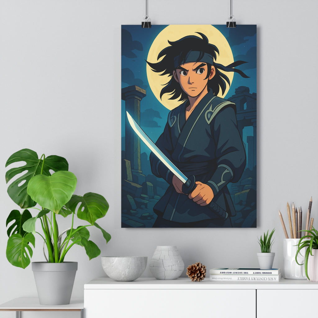Poster décoratif anime sombre katana lune ruines mystérieux chambre bureau nocturne captivant 30x46 qualité
