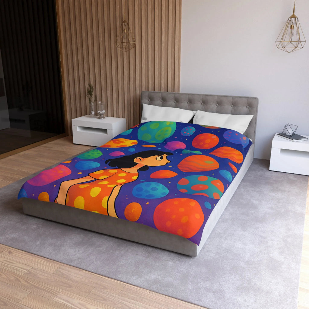 Housse de couette colorée avec motif de planètes et enfant rêveur dans l'espace