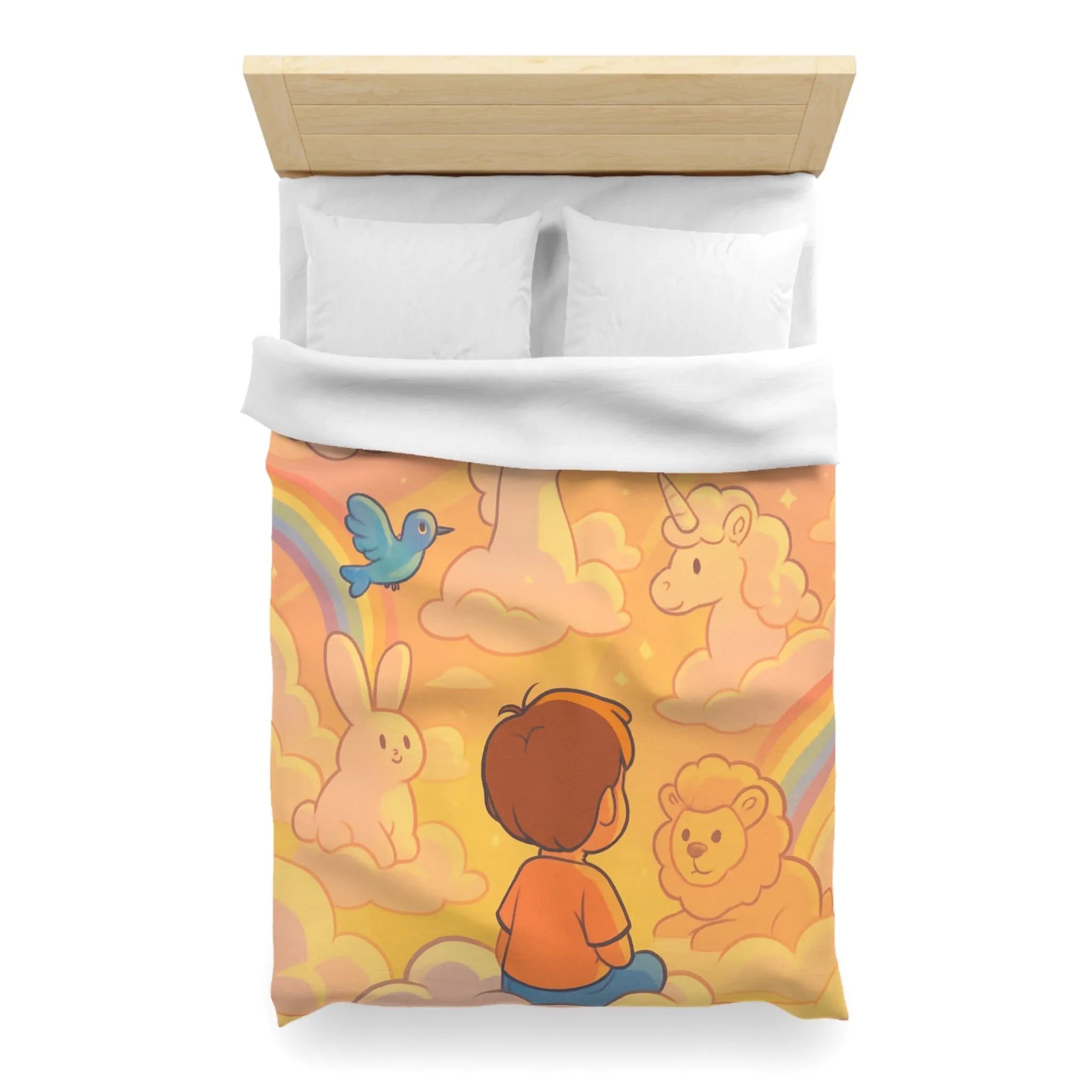 Housse de Couette Enfantine avec Licornes, Lapins et Oiseaux dans les Nuages Pastels