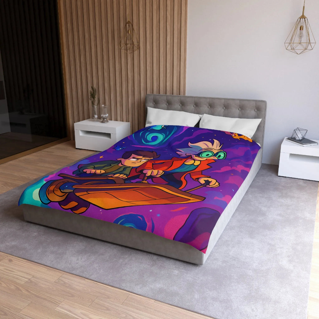 Housse de couette avec illustration d’aventuriers et animaux dans l’espace coloré et rétro