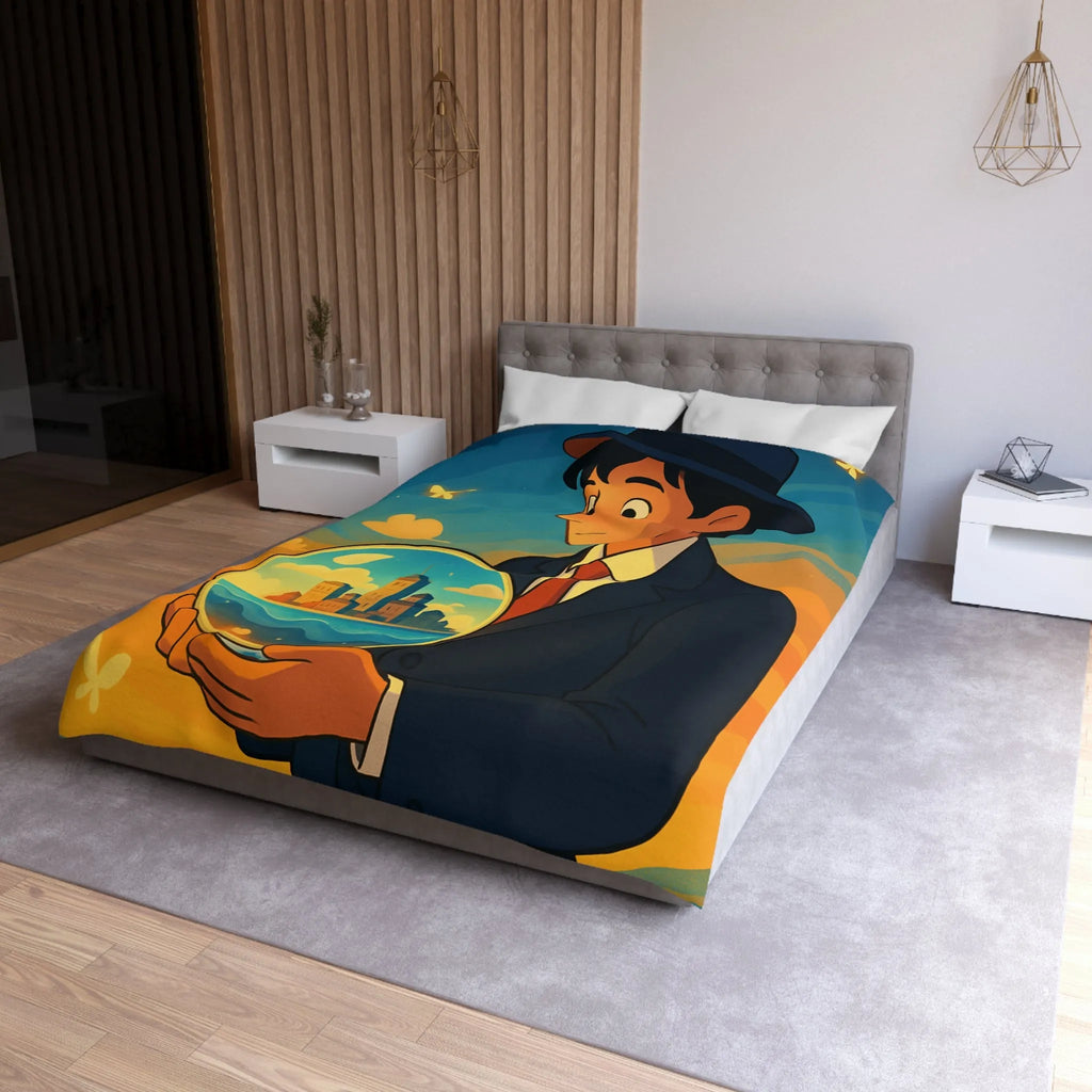 Housse de couette avec illustration surréaliste d'un homme tenant une sphère magique