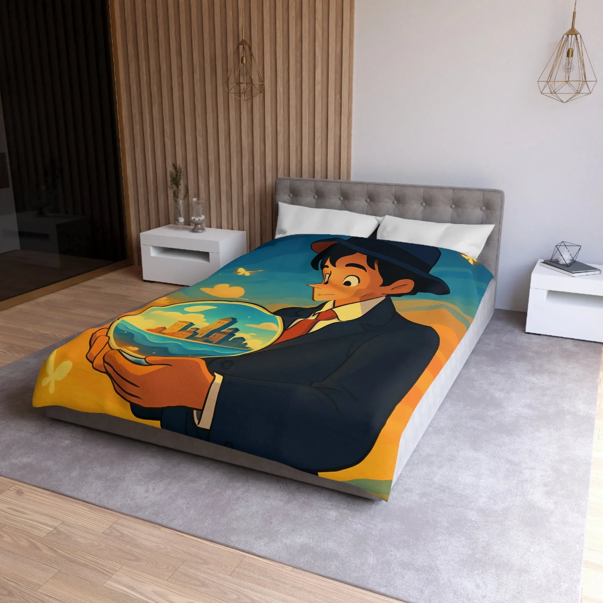 Housse de couette avec illustration surréaliste d'un homme tenant une sphère magique