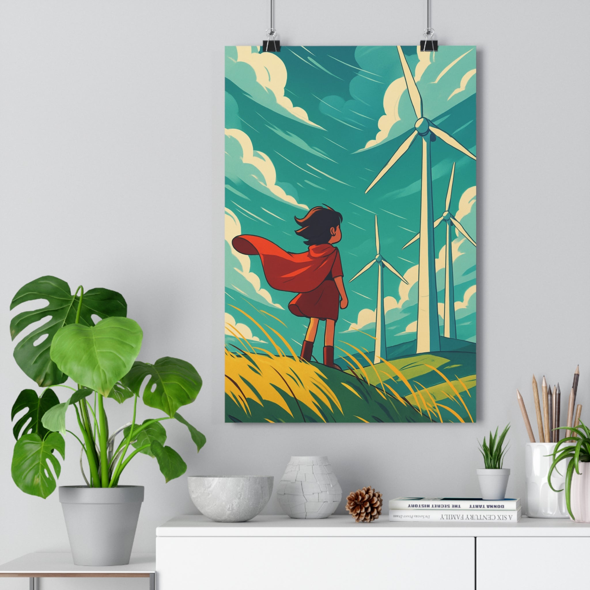 Poster décoratif personnage cape rouge vent nature ciel bleu vibrant salon moderne chambre qualité