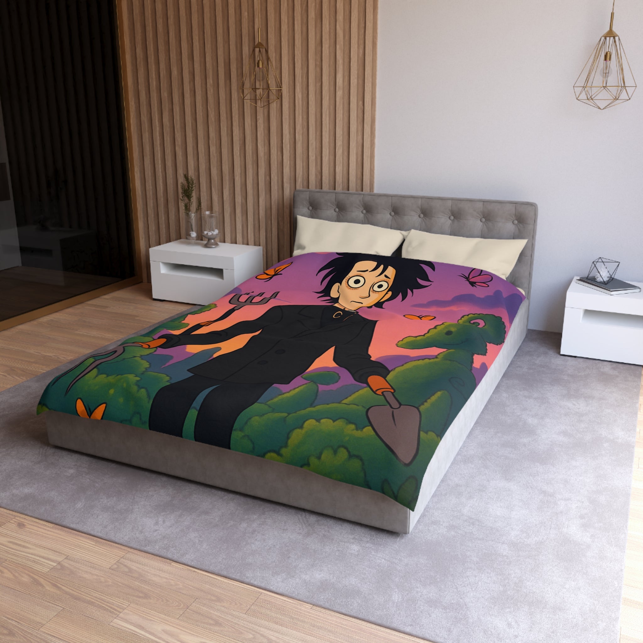 Housse de couette stylée avec personnage rêveur, jardin magique et papillons colorés