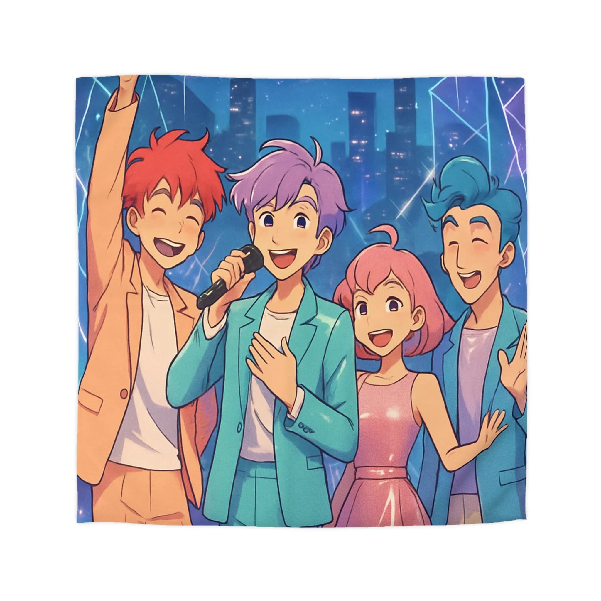 Housse de couette colorée avec personnages joyeux style anime devant une ville étoilée