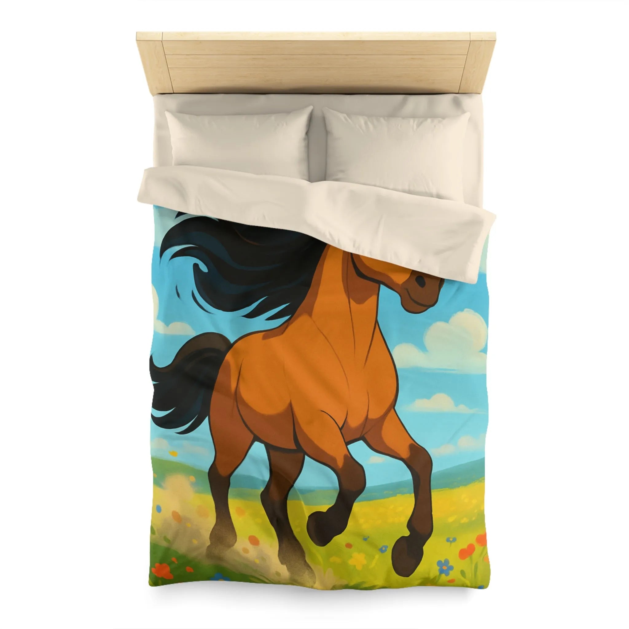 Housse de couette cheval couleur vive, prairie en fleurs, nuages, ciel bleu