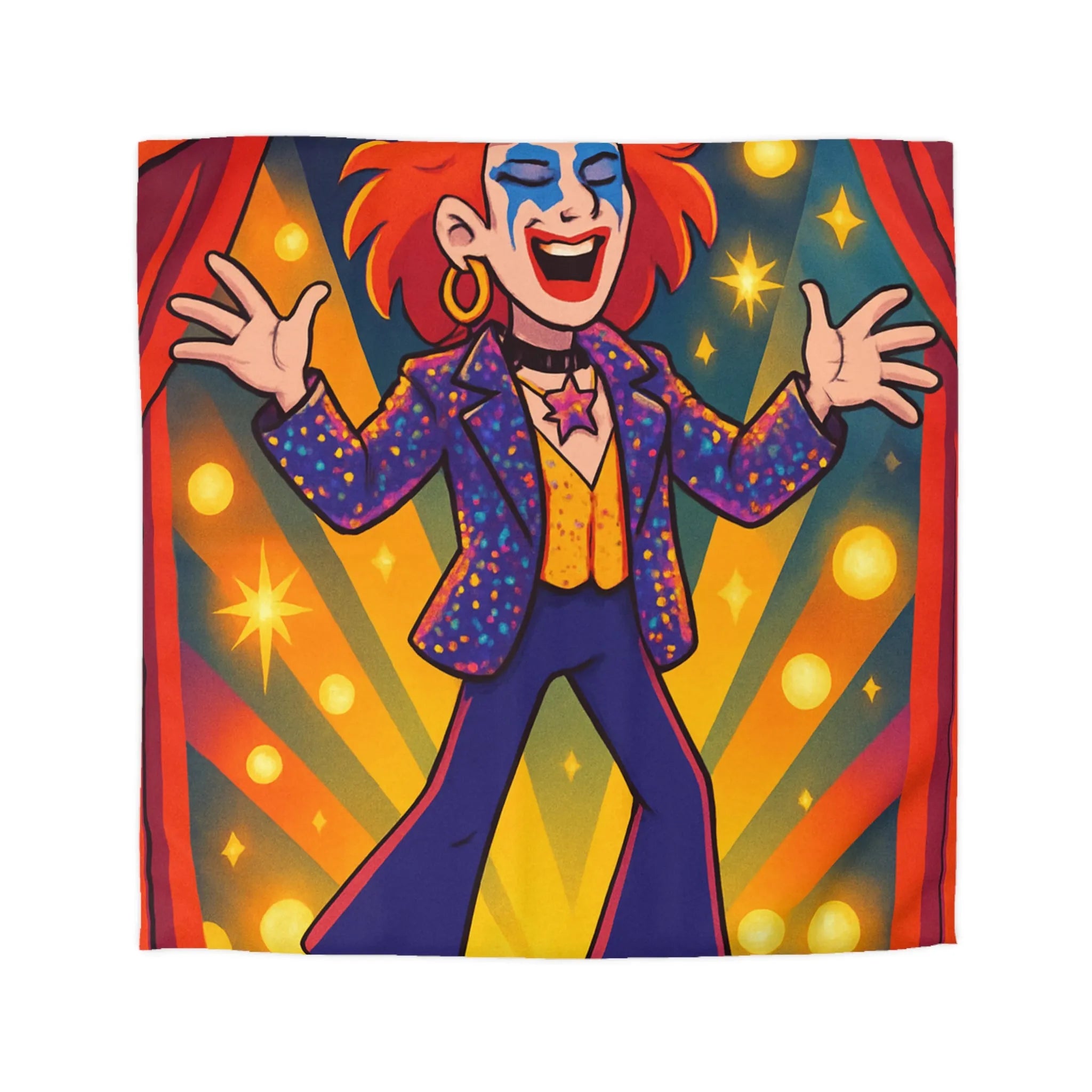 Housse de couette colorée avec personnage énergique sur scène, étoiles et rideaux rouges