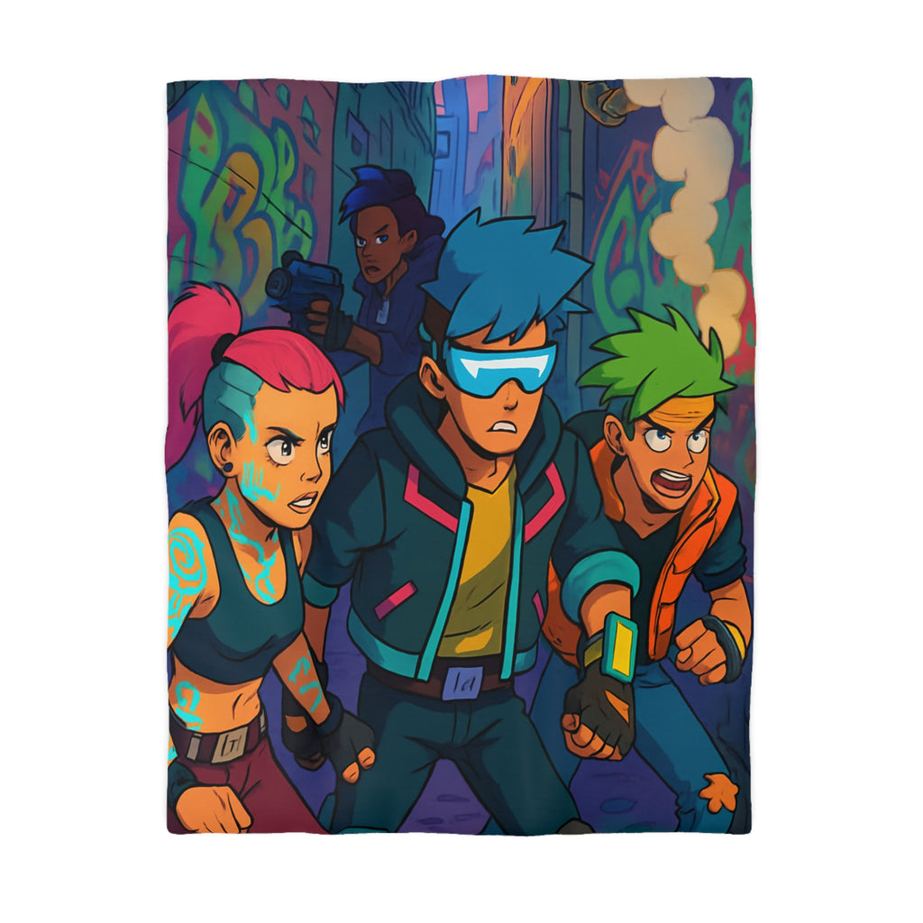 Housse de couette néon rétro avec personnages futuristes dans ruelle urbaine animée