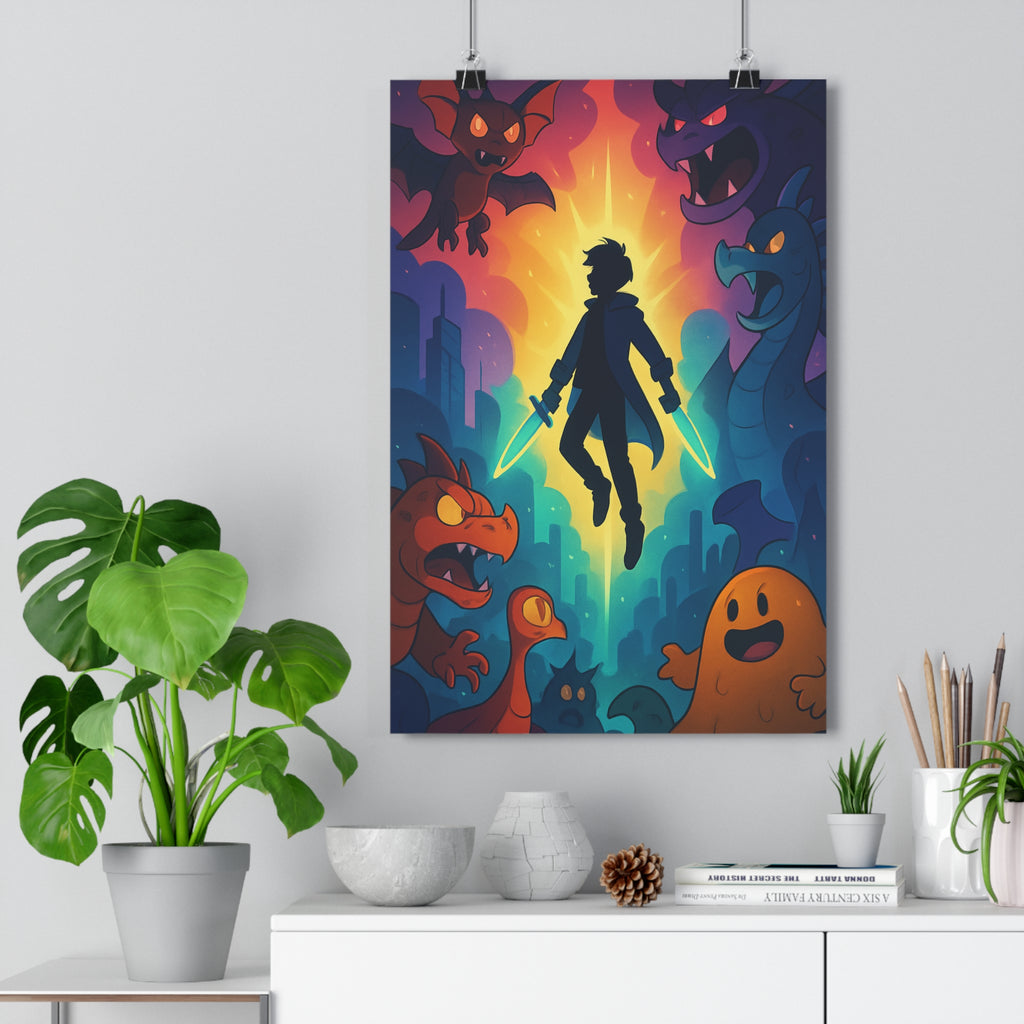 Poster décoratif héros néon bleu rouge fantastique aventure chambre animé vibrant unique captivant tendance