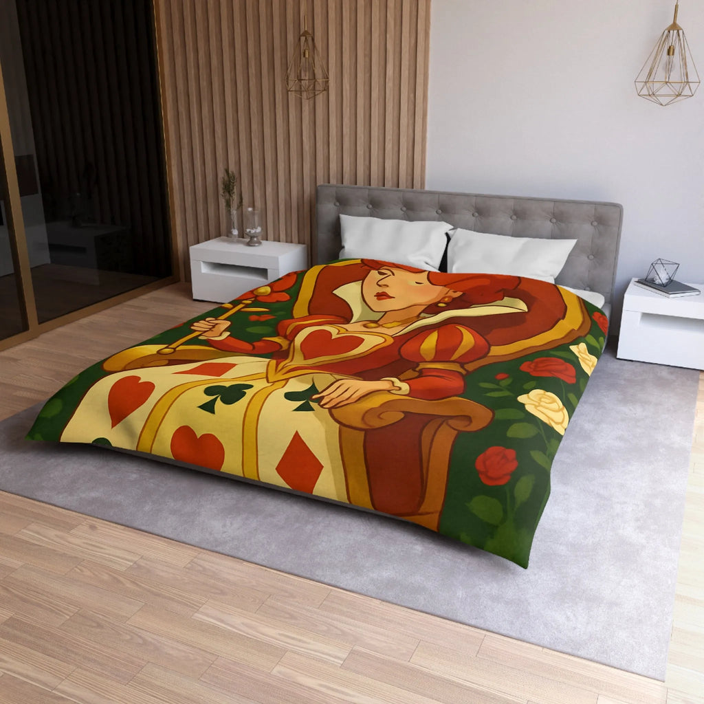 Élégante et royale housse de couette reine avec motifs coeurs détails rouge vibrant