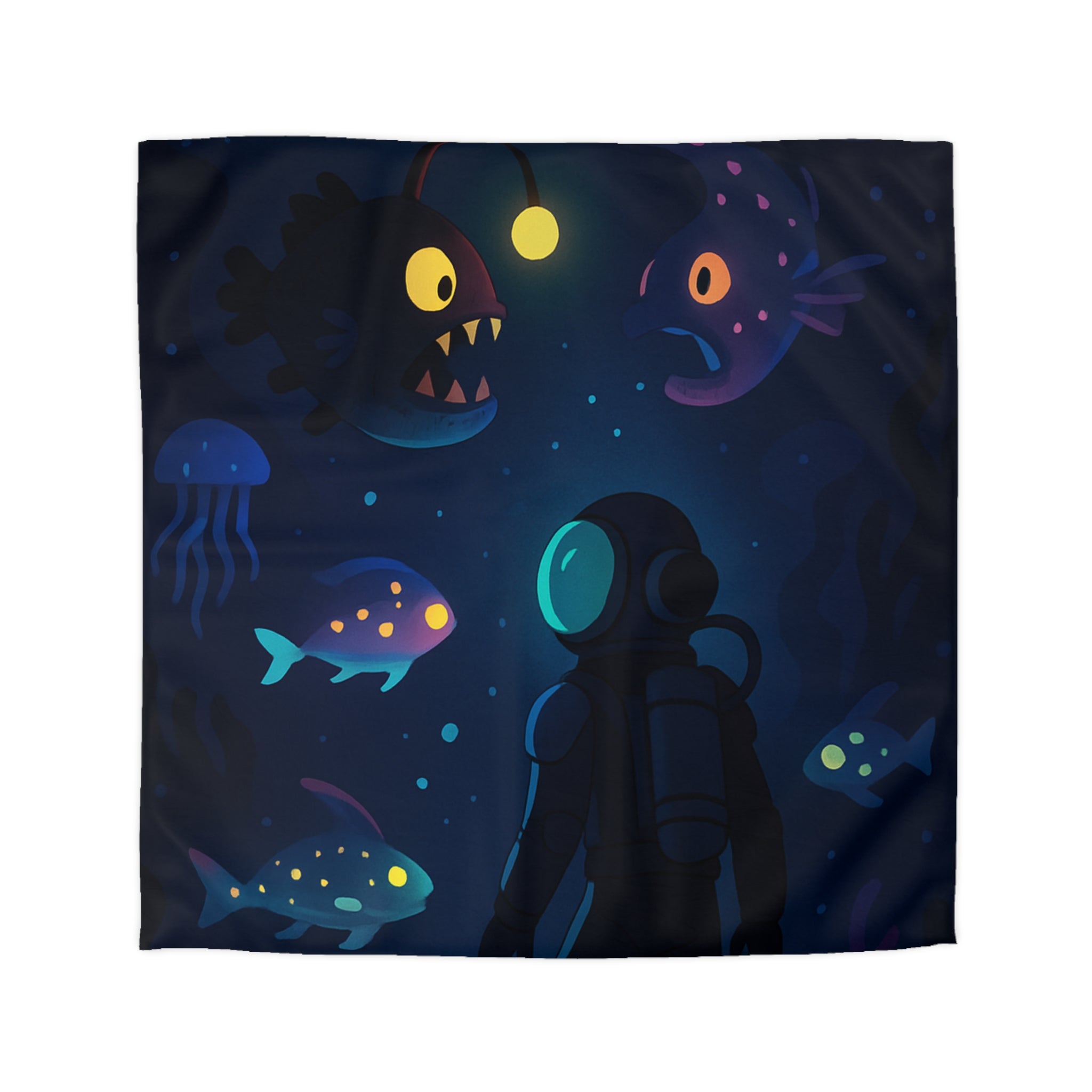 Housse de couette océanique avec plongeur et créatures marines lumineuses mystérieuses