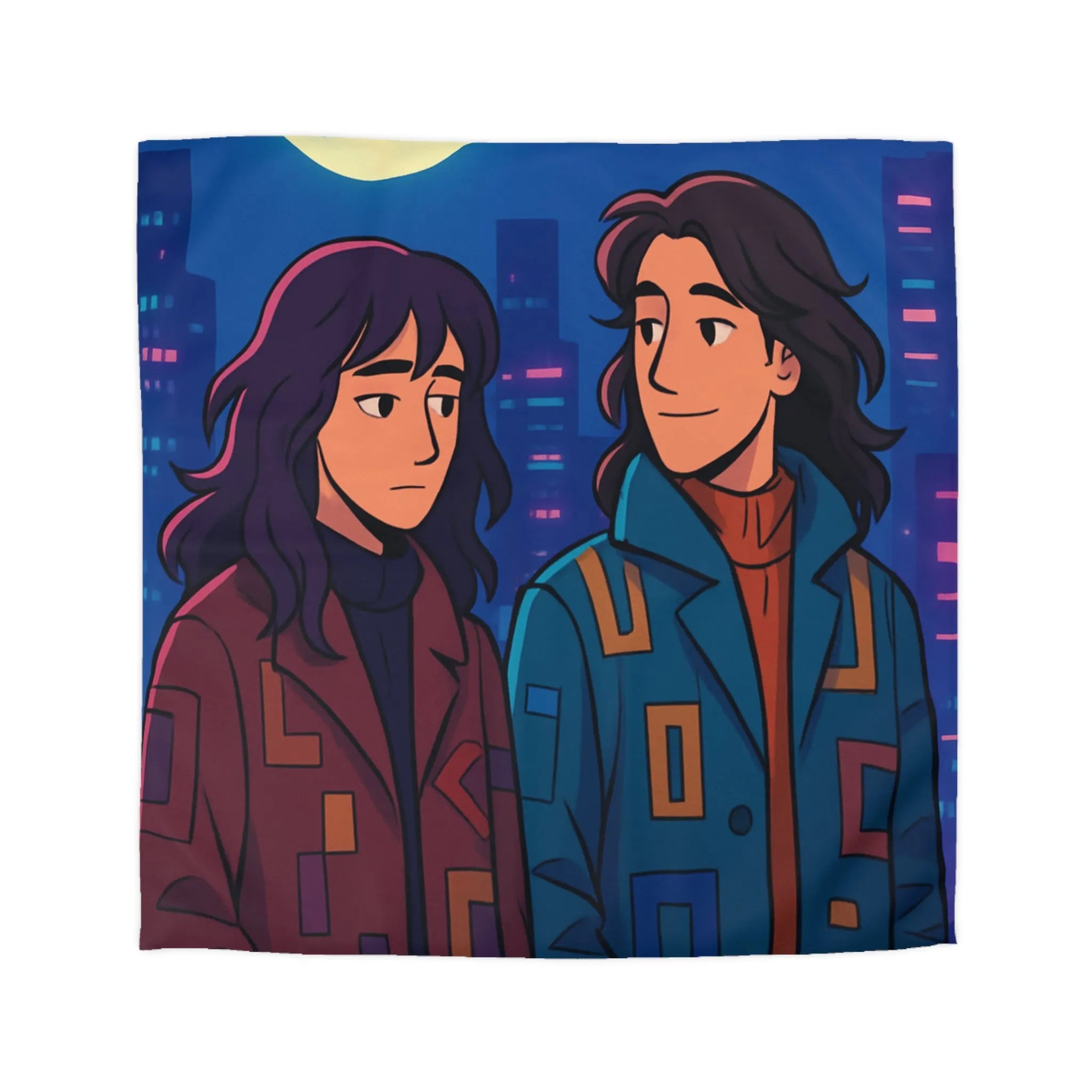 Housse de Couette Artistique avec Design de Ville Nocturne et Lune Éclatante