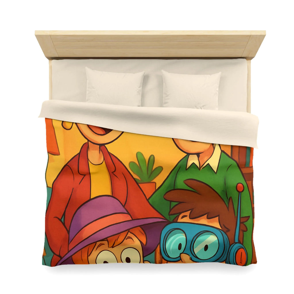 Housse de couette joyeuse avec une famille amusante et colorée, lunettes originales