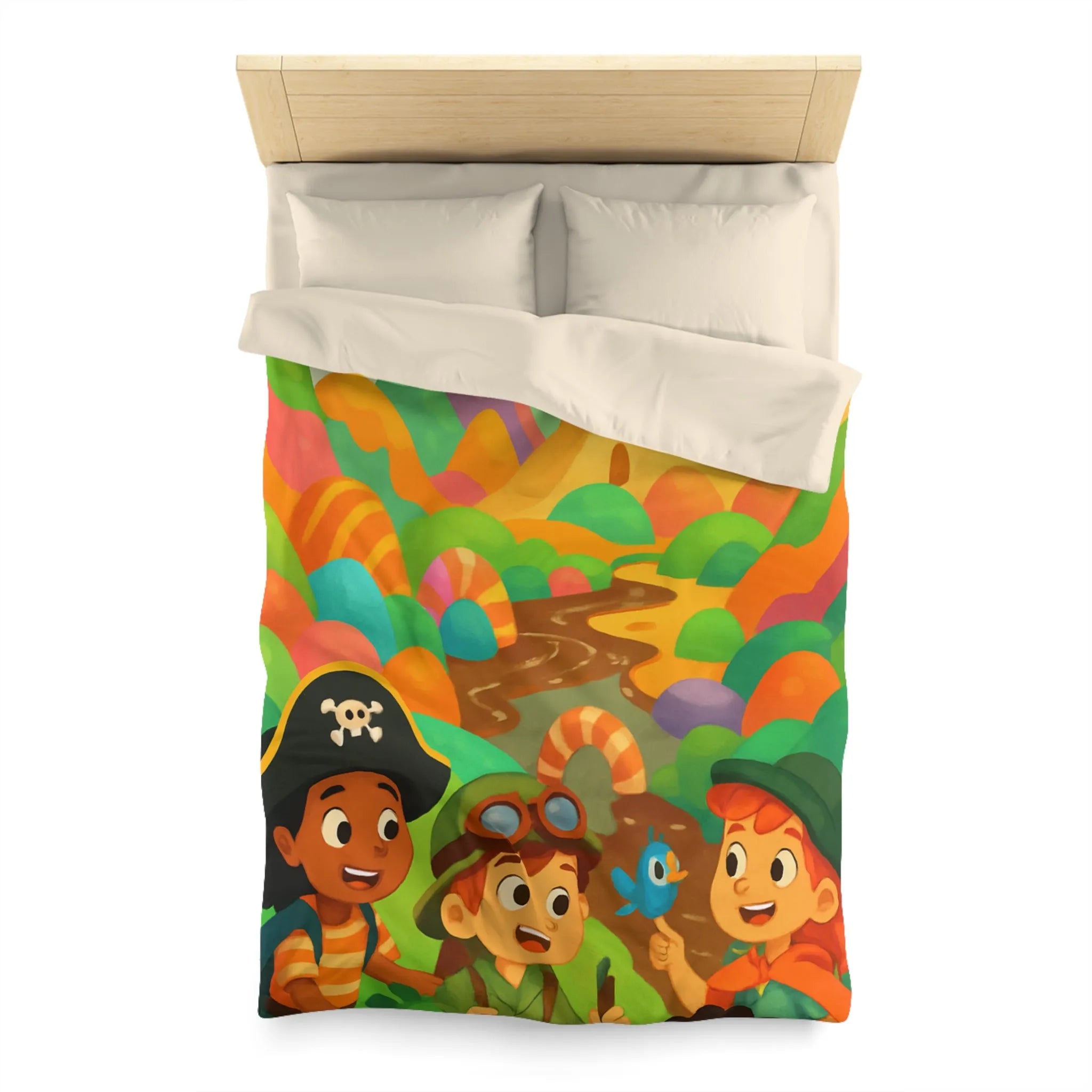 Housse de couette ludique pour enfants avec château et aventuriers aux couleurs vives