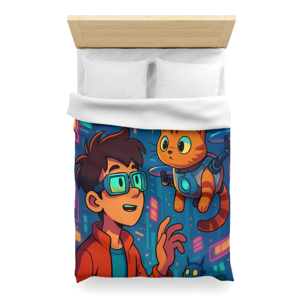 Housse de couette enfants style futuriste avec garçon et chat dans ville cyber