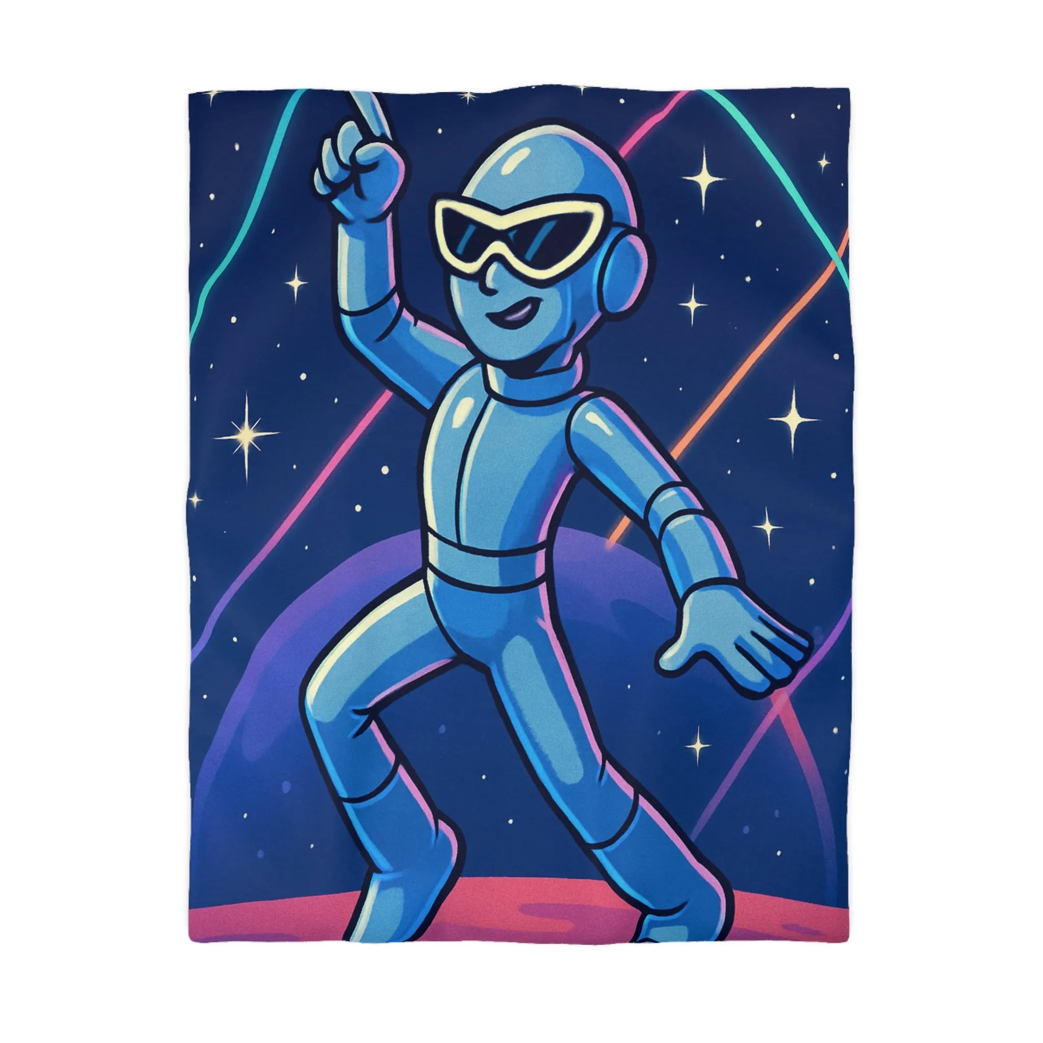 Housse de Couette Éclatante avec Robot dansant sur Fond Intergalactique Étoilé et Coloré