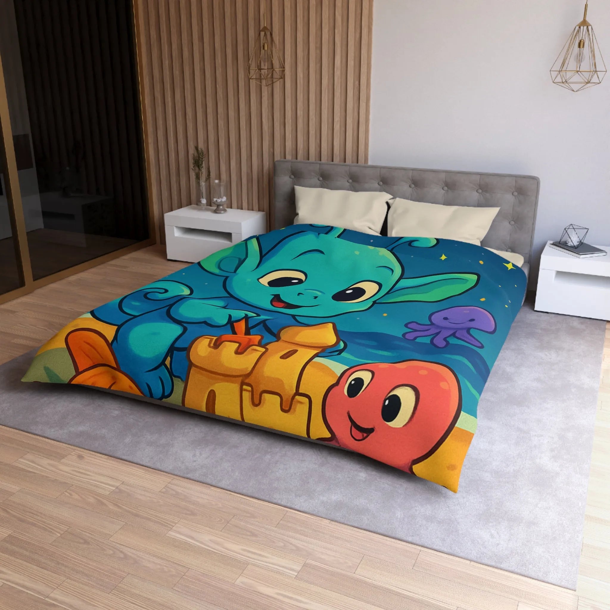 Housse de couette enfant avec créature bleue construisant un château de sable amusant