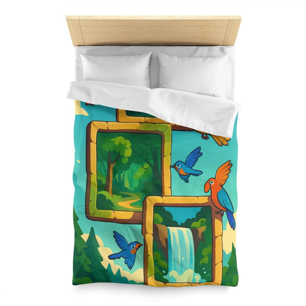 Housse de couette colorée avec oiseaux et scènes de nature paisible et dynamique