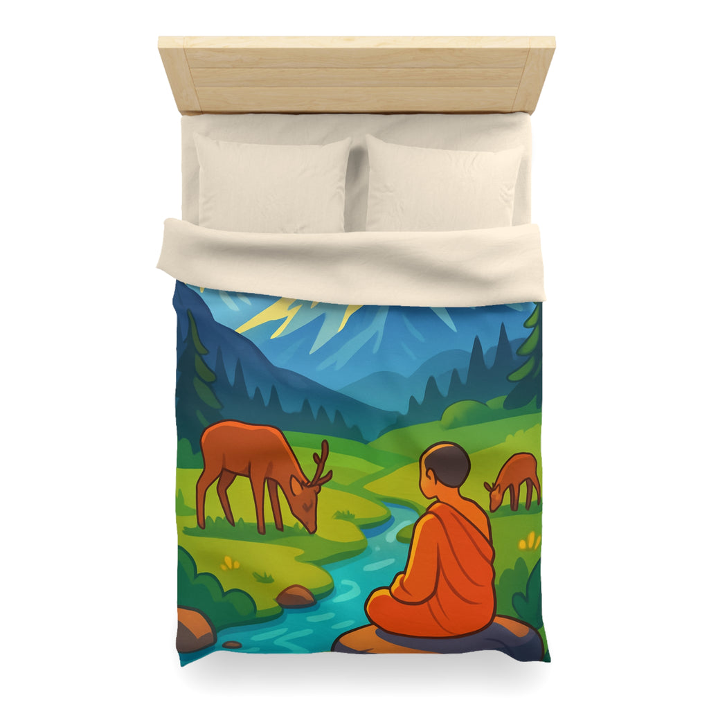 Housse de couette zen avec paysage montagneux, moine, cerfs et rivière tranquille