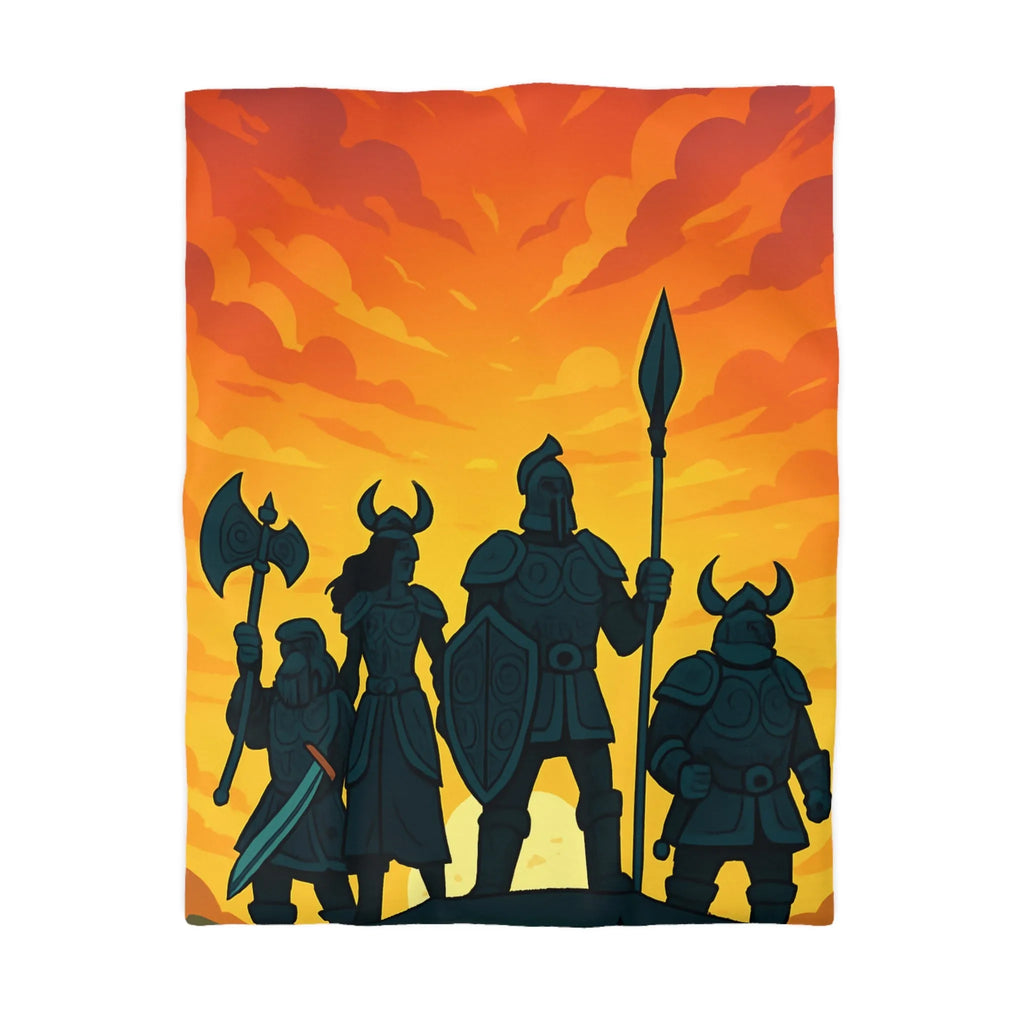 Housse de couette épique avec guerriers sous ciel flamboyant pour décoration médiévale