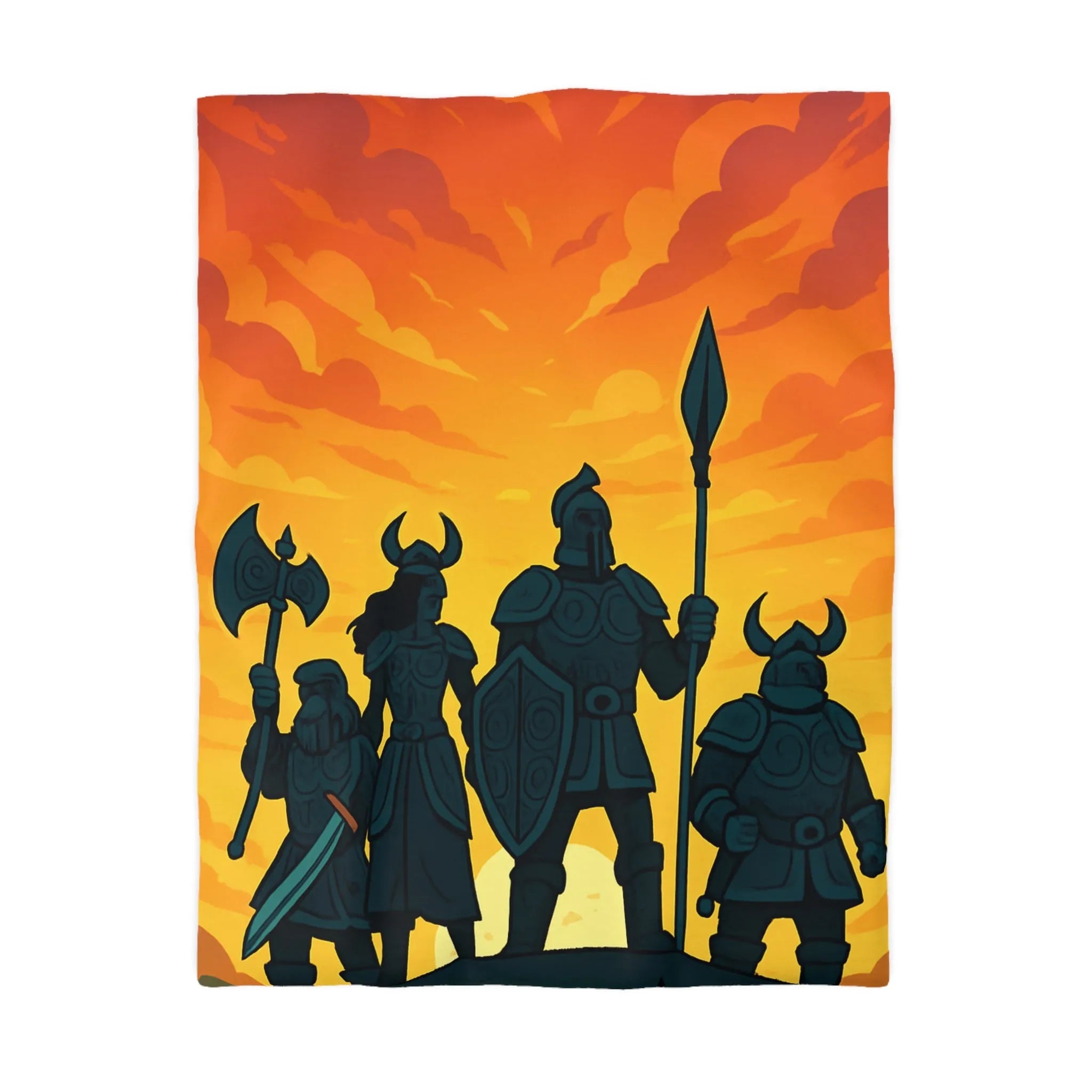 Housse de couette épique avec guerriers sous ciel flamboyant pour décoration médiévale