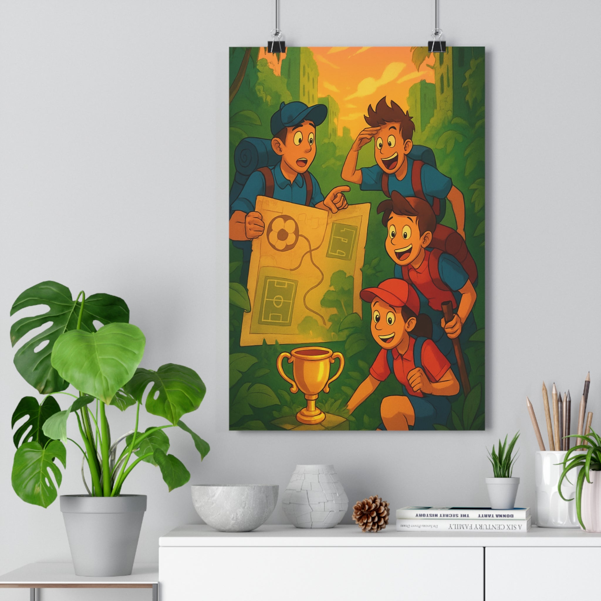 Poster décoratif aventure orange vert jungle enfants explorateur chambre joyeux captivant découverte excitant ambiance