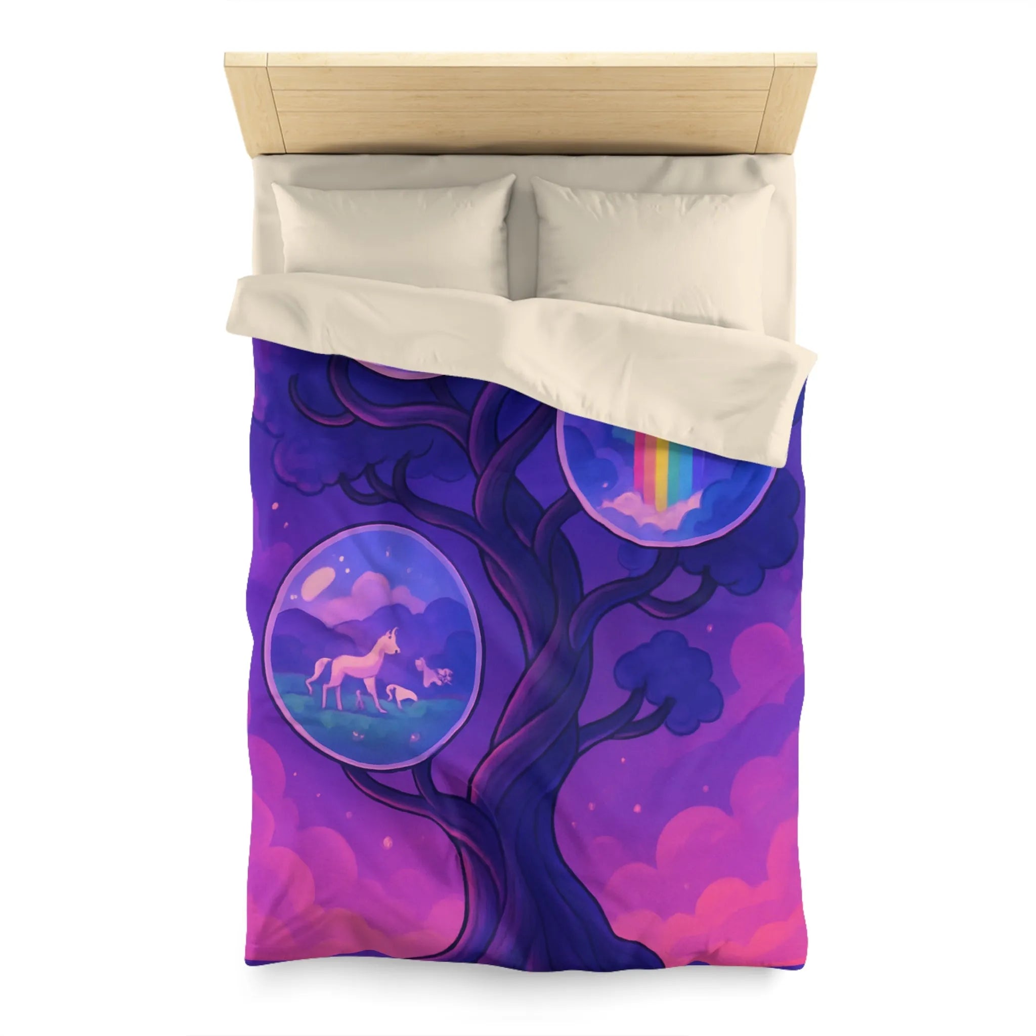 Enchanted Dreamscape Duvet: Mystical Castle, Majestic Unicorn, Vivid Waterfall on Tree