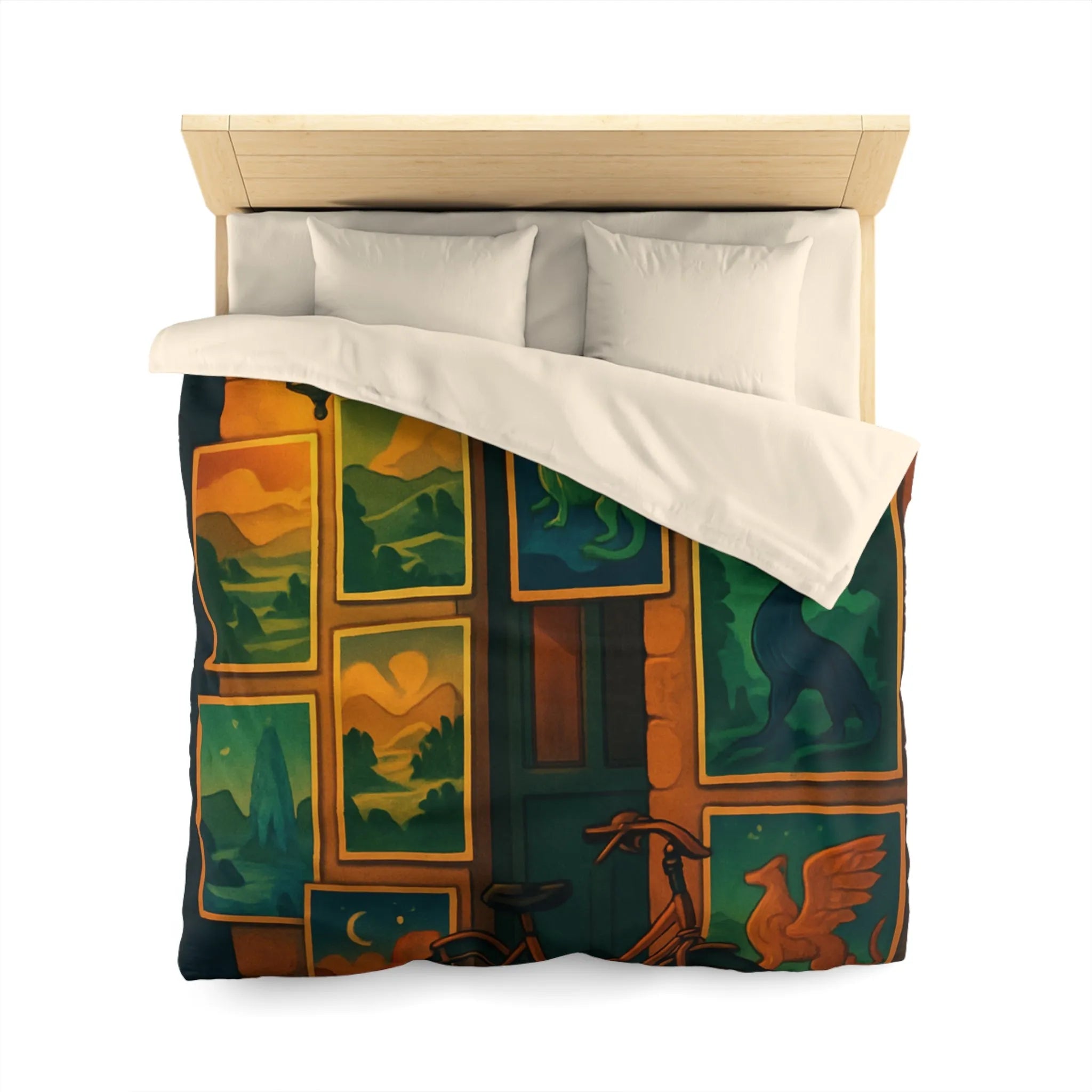 Housse de couette artistique avec dragons mythiques et paysage nocturne, ambiance mystérieuse