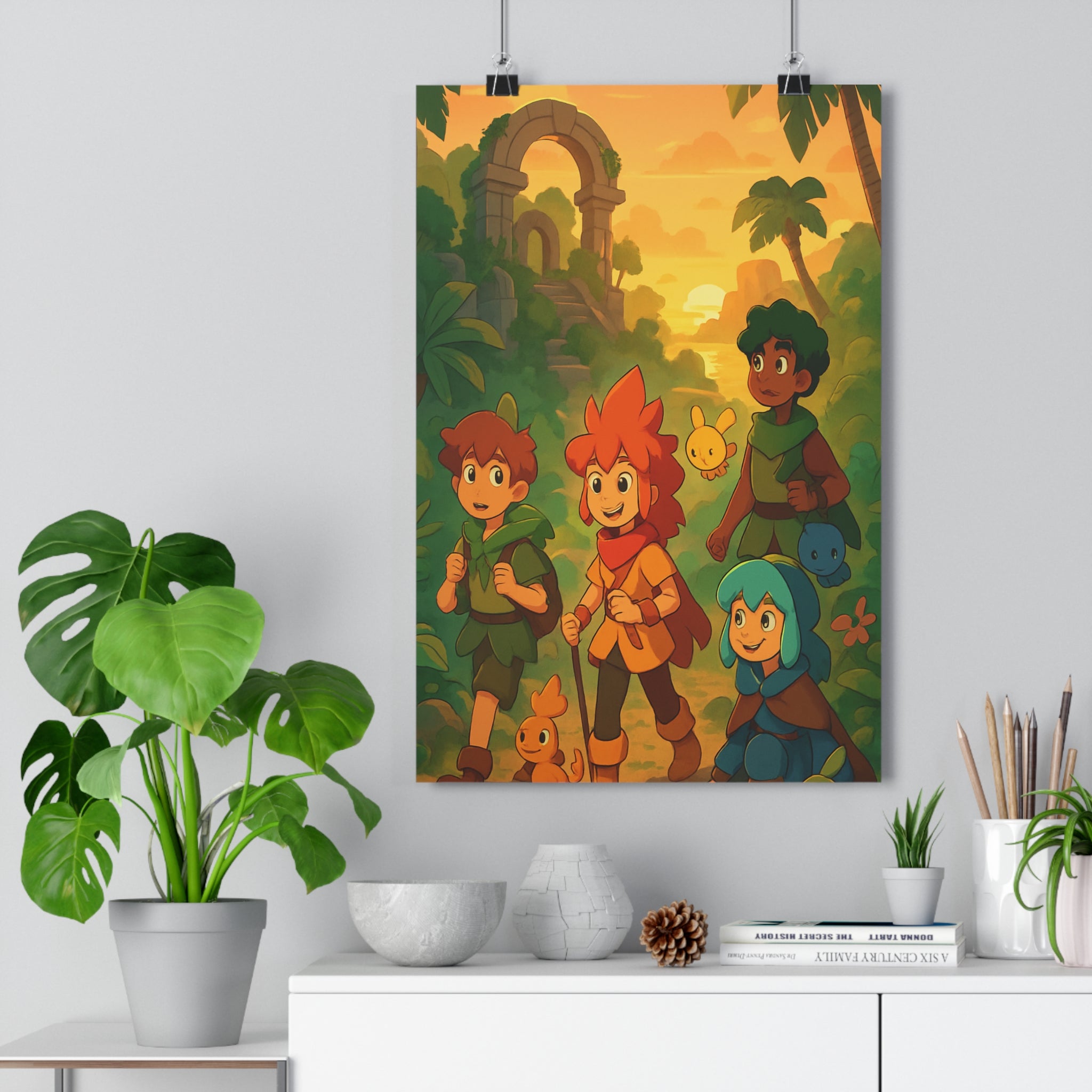 Poster décoratif aventure jungle coloré joyeux enfant créatures mystique vibrant chambre explorateur coucher qualité
