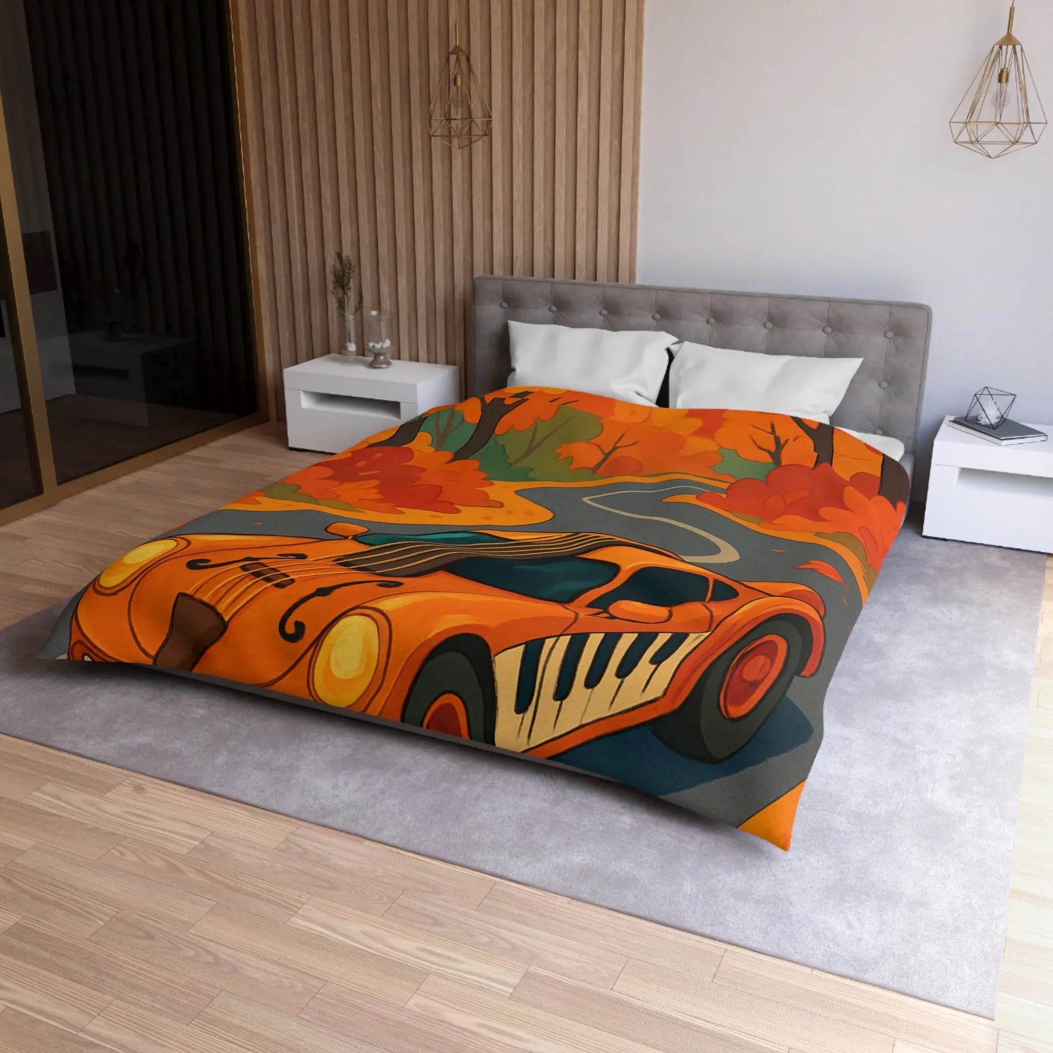Housse de Couette Automne avec Voiture et Forêt aux Couleurs Vibrantes pour Chambre Chic