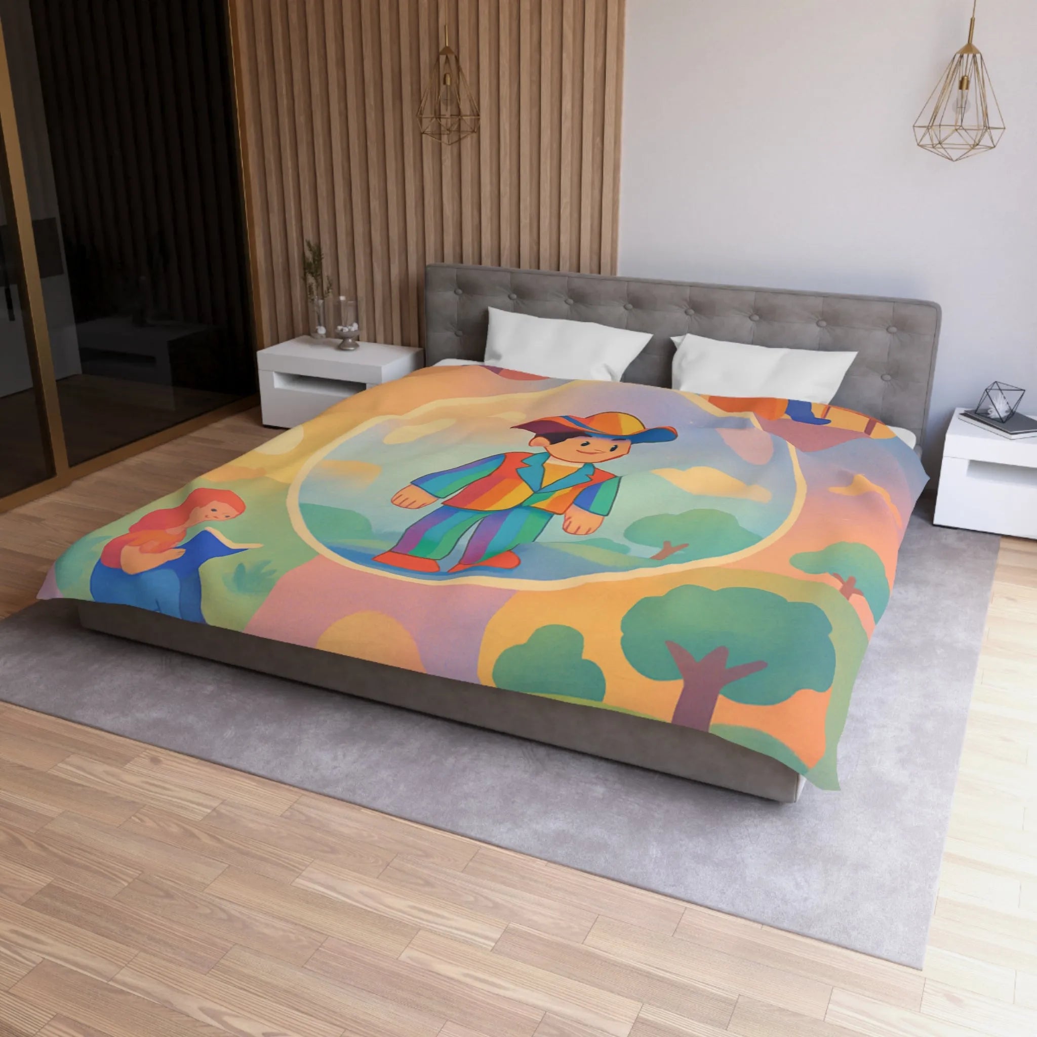 Housse de couette aux motifs rêveurs de personnages dans des bulles colorées et apaisantes